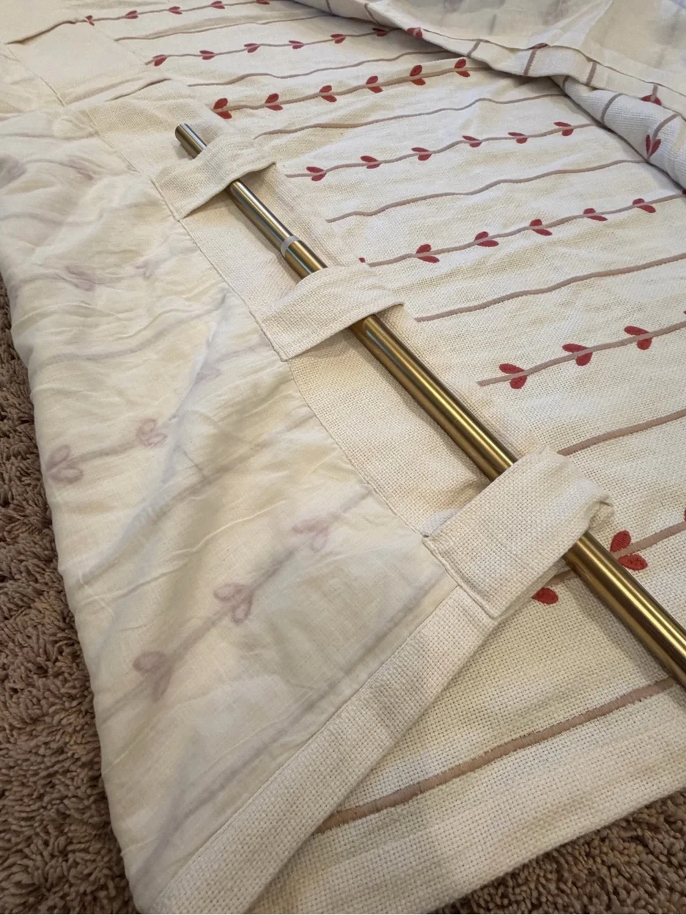 Anthropologie Madeline hearts embroidered cream red curtain panel 96x50 stripe